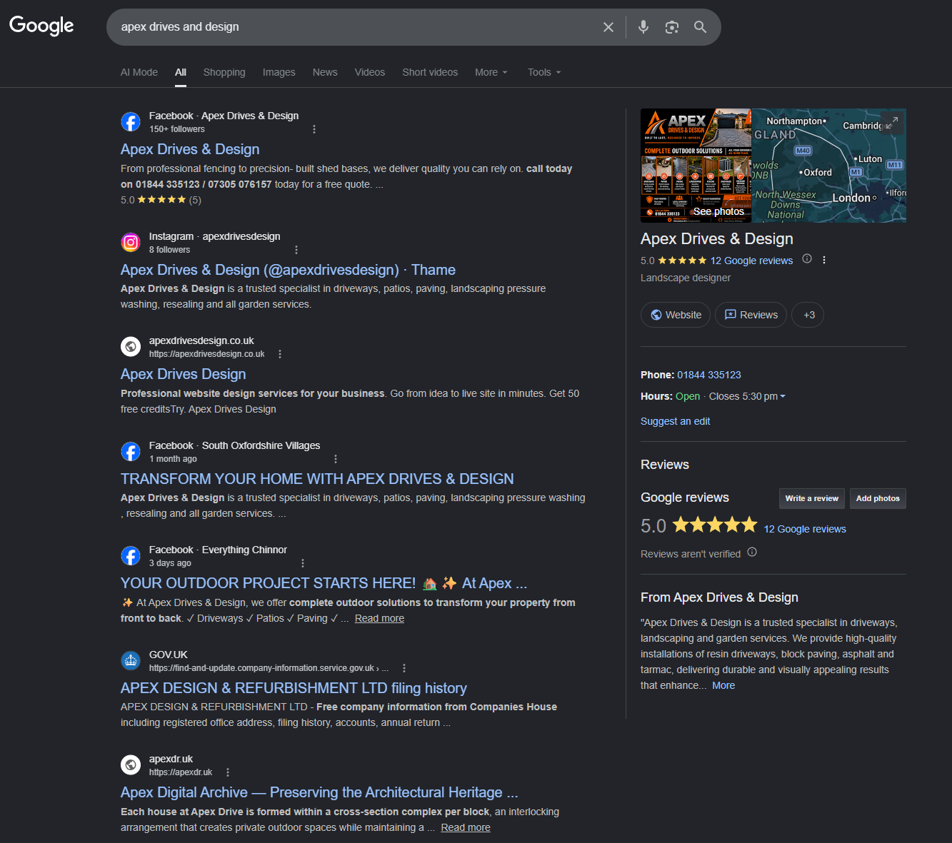 Google search results for Apex Drives & Design showing the business website and local profile